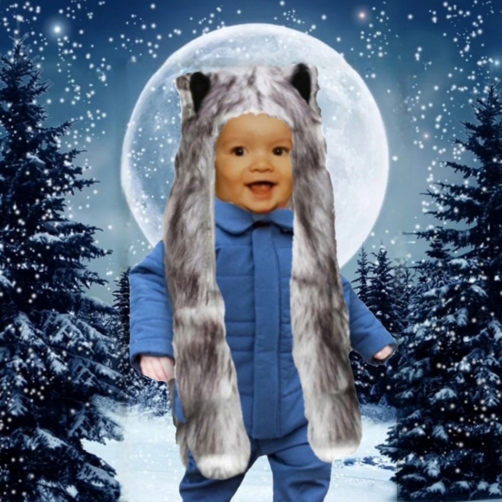 Amazon white winter wolf faux fur wolf ears paws as scarf mittens hat hood NWOT